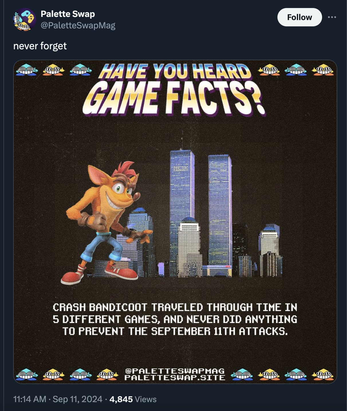 pc game - Palette Swap PaletteSwapMag never forget Have You Heard Game Facts? Crash Bandicoot Traveled Through Time In 5 Different Games, And Never Did Anything To Prevent The September 11TH Attacks. Paletteswap.Site 4,845 Views